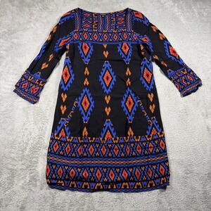 Lucky Brand Shift Dress Womens XS Black Geometric Aztec Print 3/4 Sleeve